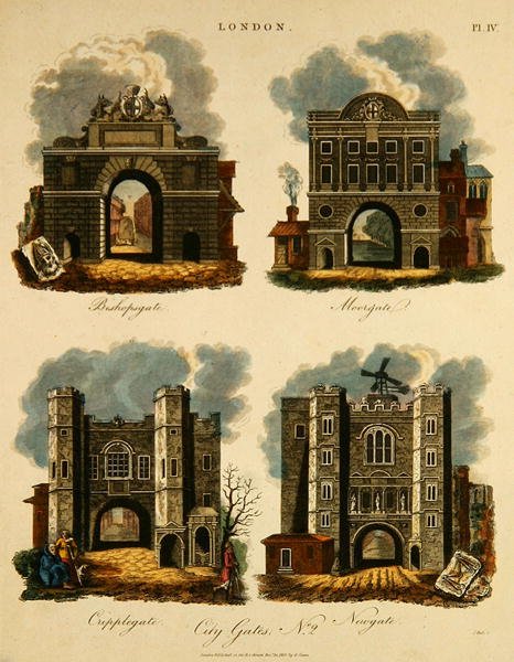Dört Şehir Kapısı: Bishopsgate, Moorgate, Cripplegate ve Newgate, J. Pass tarafından oyulmuş, pub. G. Jones tarafından by English School