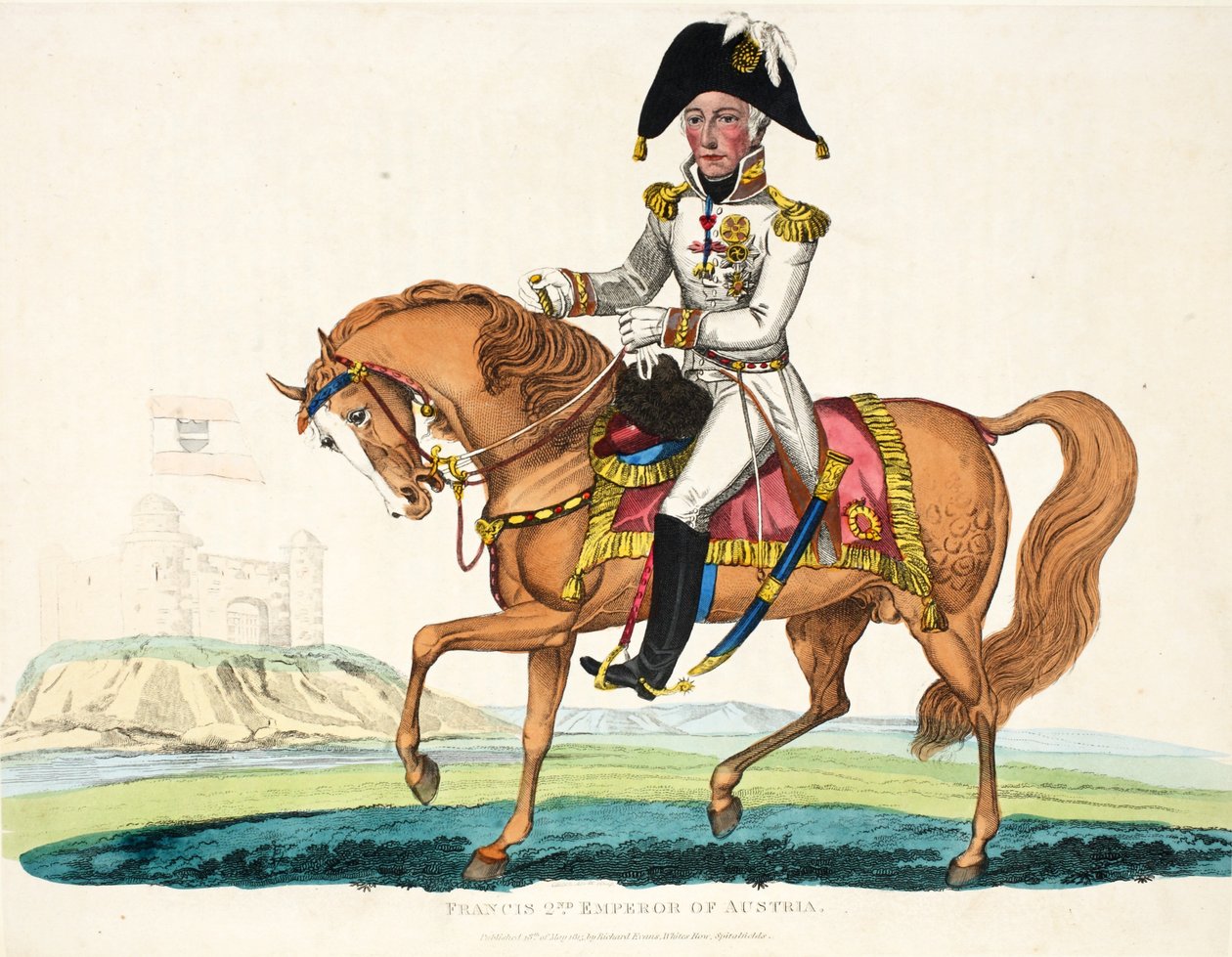 Francis 2, Avusturya İmparatoru, pub. Richard Evans tarafından, Romney tarafından oyulmuş, William Mudford tarafından kaleme alınan Waterloo Savaşının Tarihsel Hesabından bir örnek, 1816 by English School