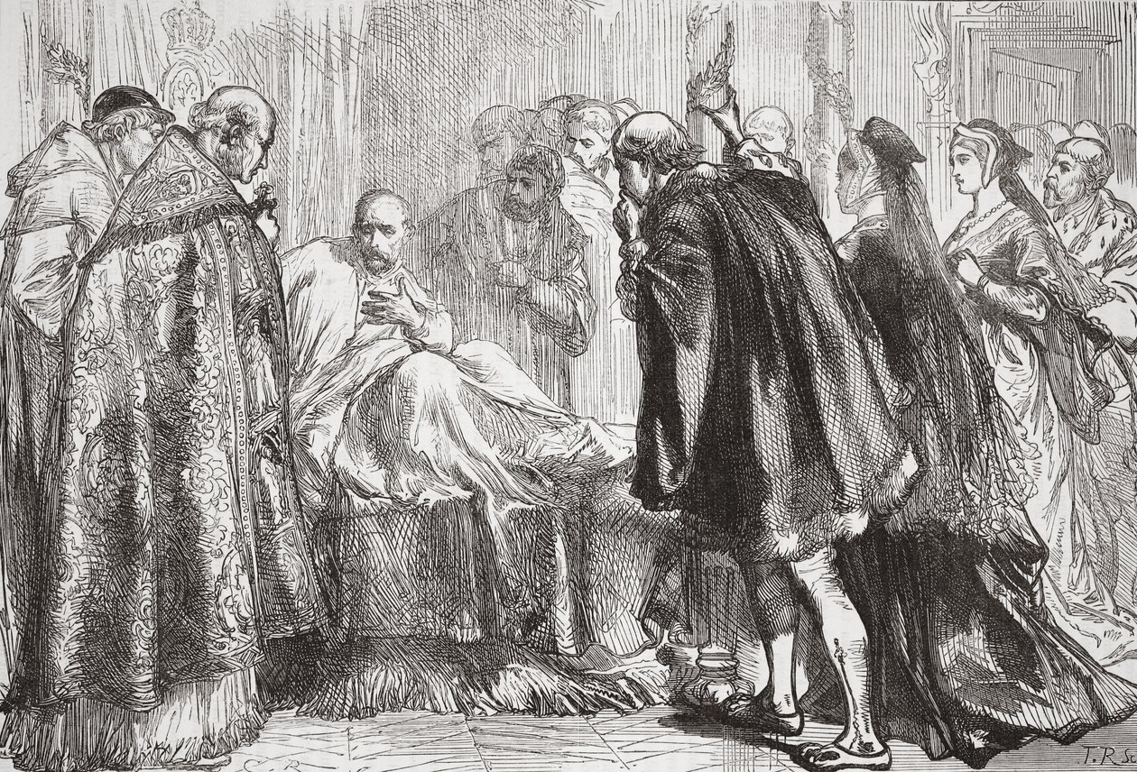 Francis I ölüm döşeğinde, James Aitken Wylie (1808-1890) tarafından yazılan Protestanlığın Tarihinden bir örnek, pub. 1878 by English School