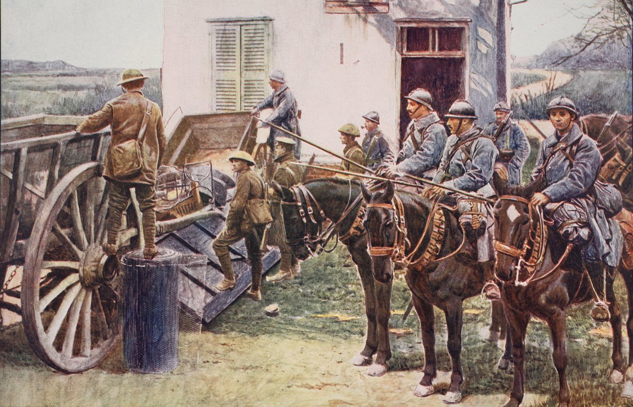 İngiliz kuvvetlerinin yardımına gelen bir köy karakoluna gelen Fransız Mızraklılar, 1914-19 by English School