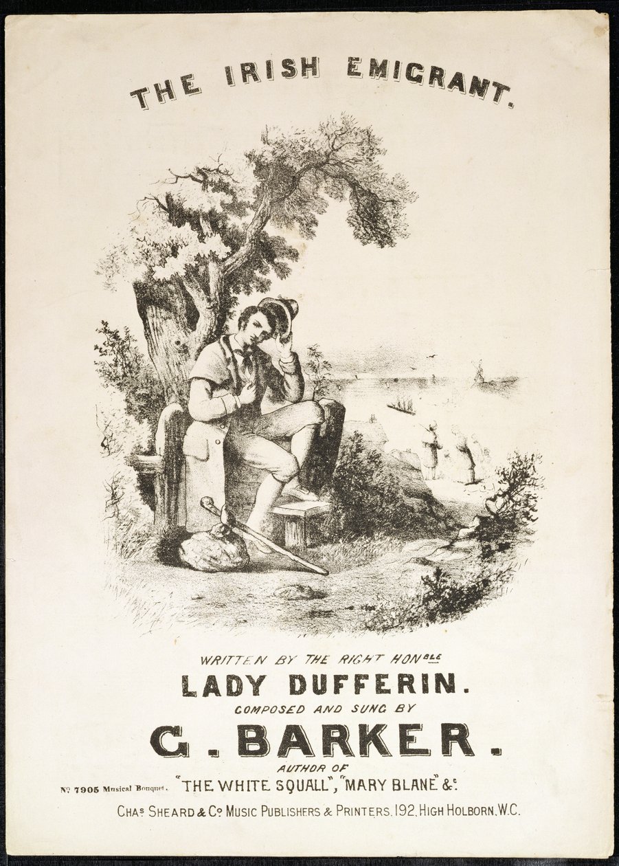 Lady Dufferin tarafından yazılan, G. Barker tarafından bestelenen İrlandalı Göçmen müziğinin ön kapağı by English School