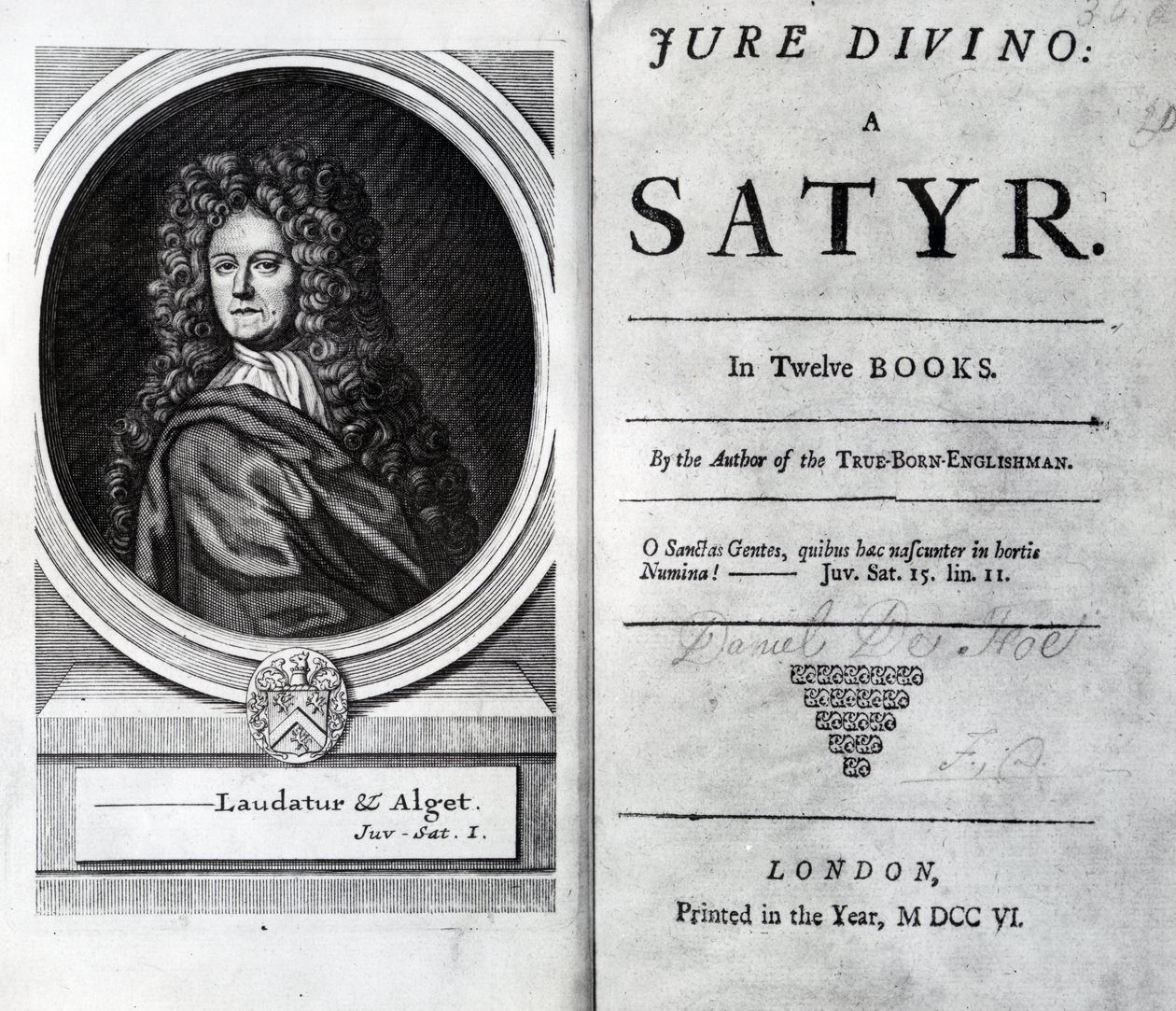 Daniel Defoe tarafından yazılan Jure Divino: A Satyr kitabının ön yazı ve Başlık Sayfası, 1706 yılında yayınlandı by English School