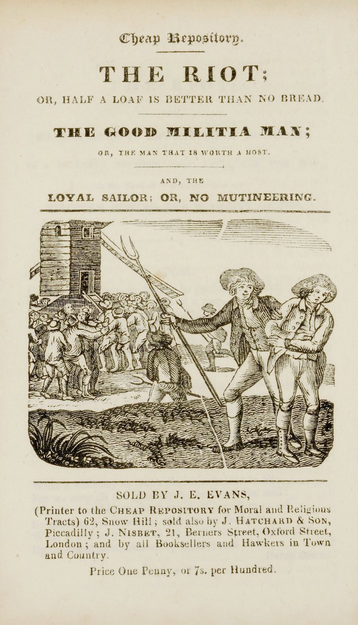 "İsyan veya Yarım somun ekmek olmamasından iyidir; İyi milis adamı veya Ev sahibi olmaya değer adam; ve Sadık denizci veya isyan yok" dan cephe yazısı, c.1839-44 by English School