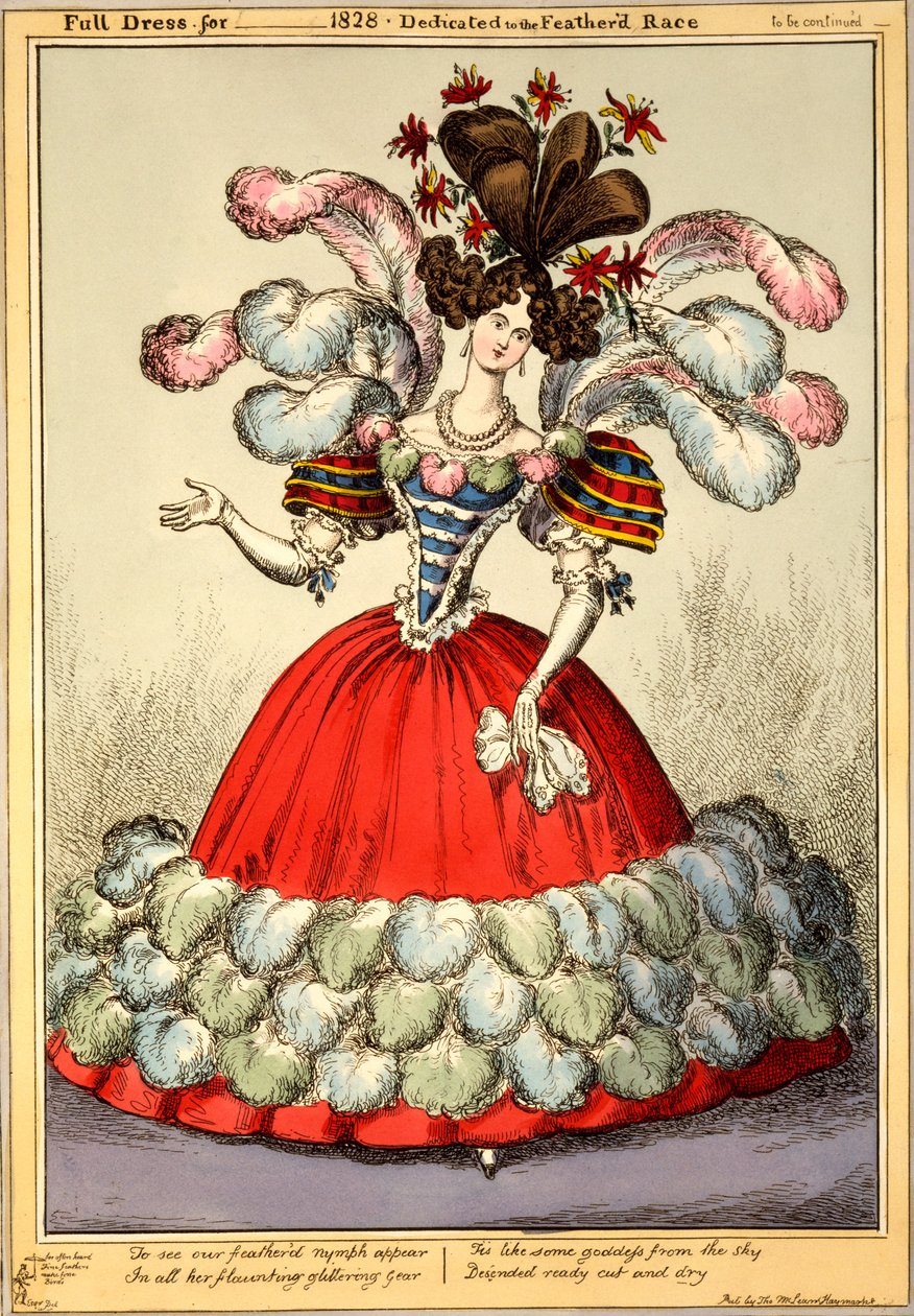 _ 1828 için Tam Elbise - Tüylü Yarışa Adanmış, 1828 (el renginde gravür) by English School