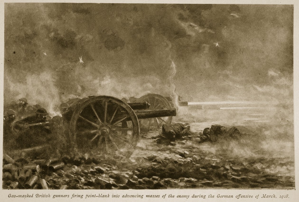 Gaz maskeli İngiliz topçular, 1918, 1918-19 Mart Alman taarruzu sırasında düşmanın ilerleyen kitlelerine nokta atışı ateş etti. by English School
