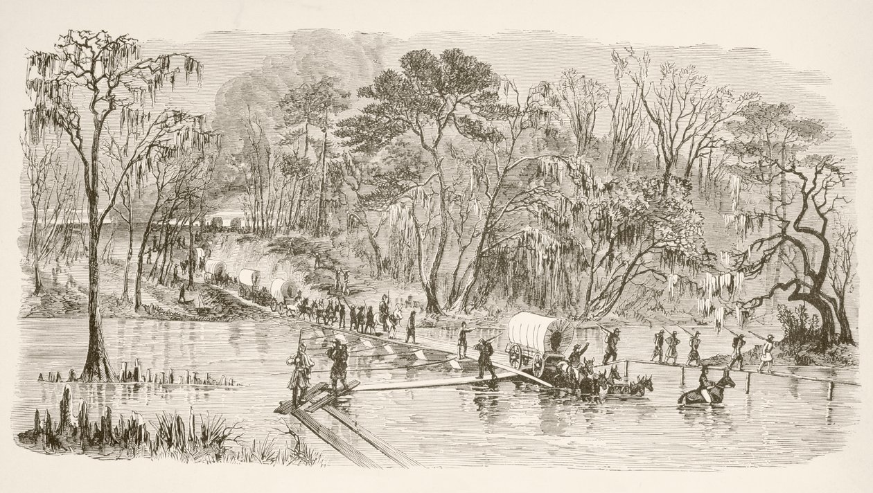 General Sherman'ın Birlikleri Denize Yürüyüş sırasında Edisto Nehri'ni geçiyor (litho) by English School