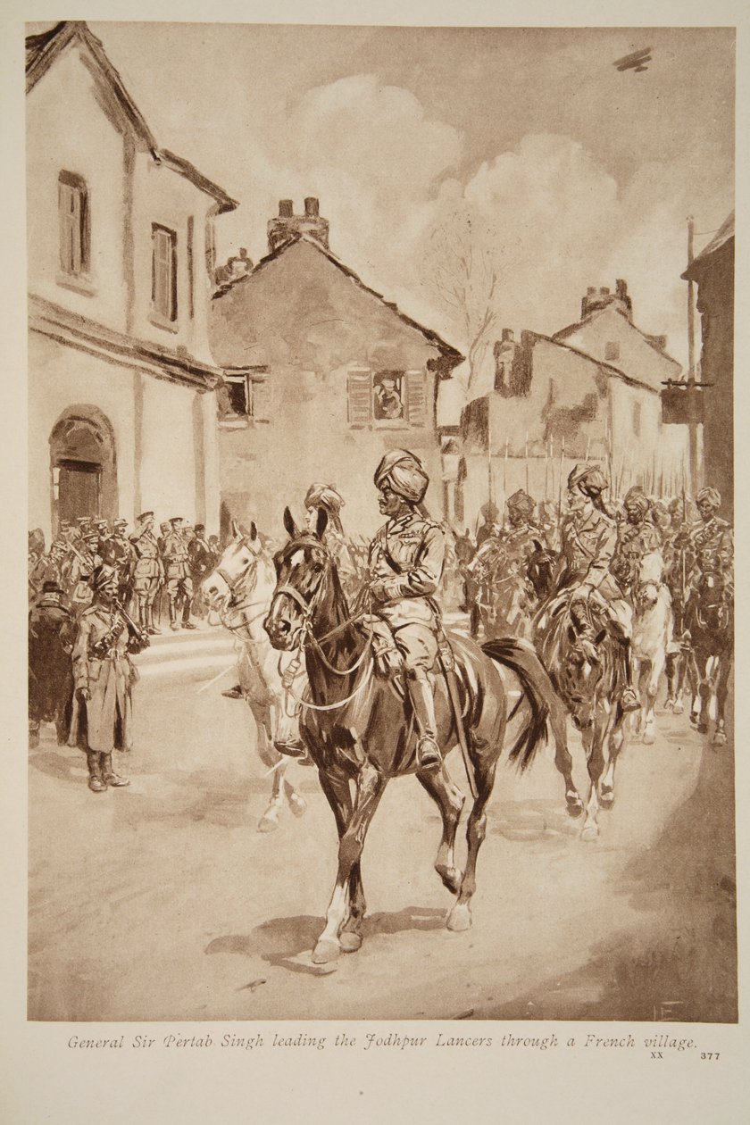 General Sir Pertab Singh, Jodhpur Lancerlarına bir Fransız köyünden geçiyor, 1914-19 by English School