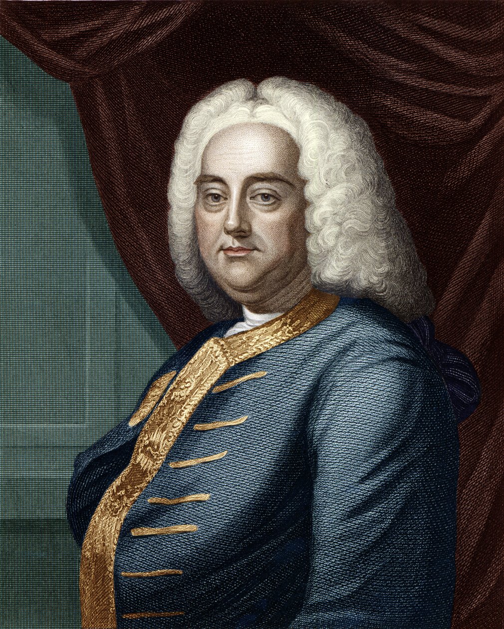 Thomson tarafından oyulmuş George Frederic Handel, (daha sonra renklendirme) by English School