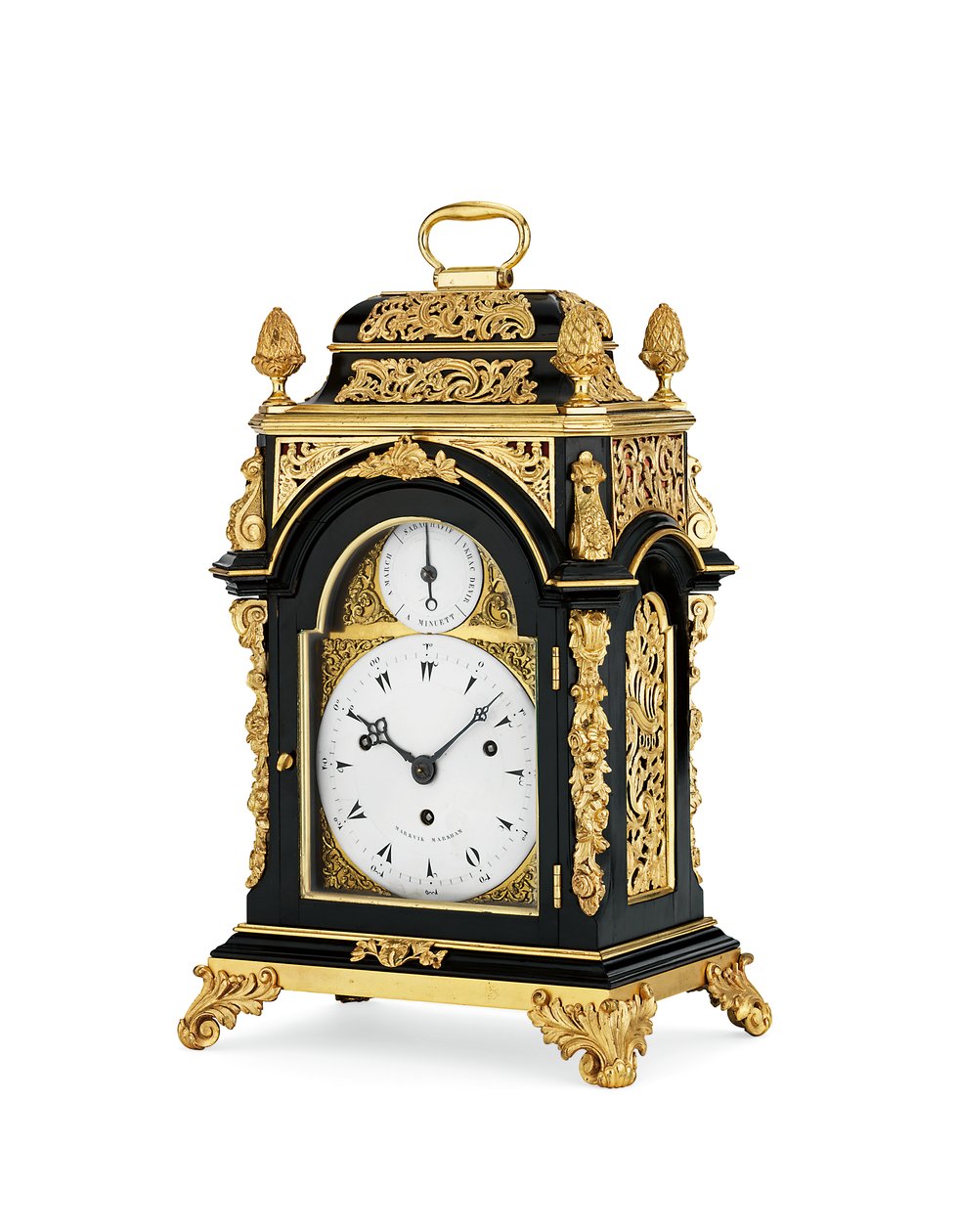 George III ormolu monte ebonized çarpıcı ve müzikli sekiz günlük küçük boyutlu masa saati, c.1765 (ormolu ve ebonized ahşap kasa) by English School
