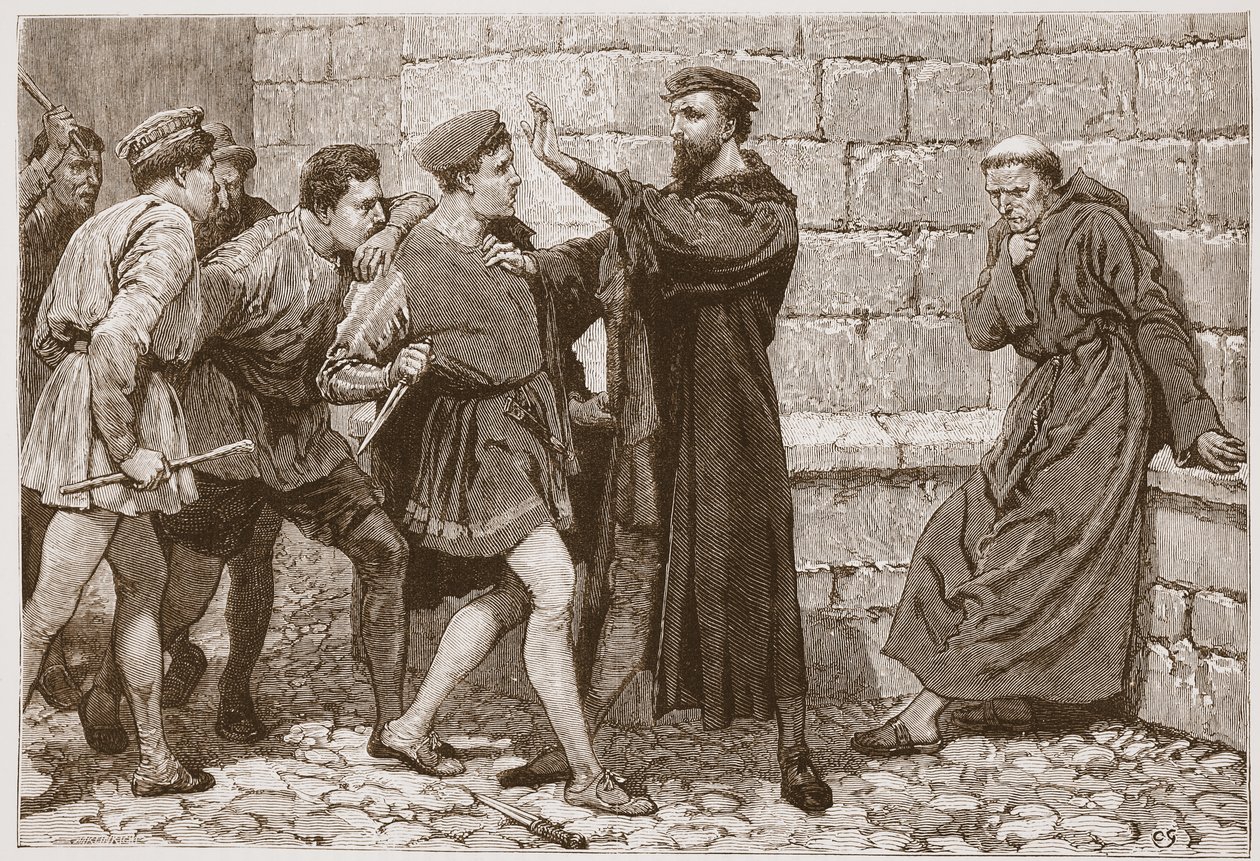 George Wishart müstakbel suikastçisini koruyor, James Aitken Wylie'nin (1808-1890) 'Protestanlığın Tarihi'nden bir çizim, pub. 1878 (gravür) by English School