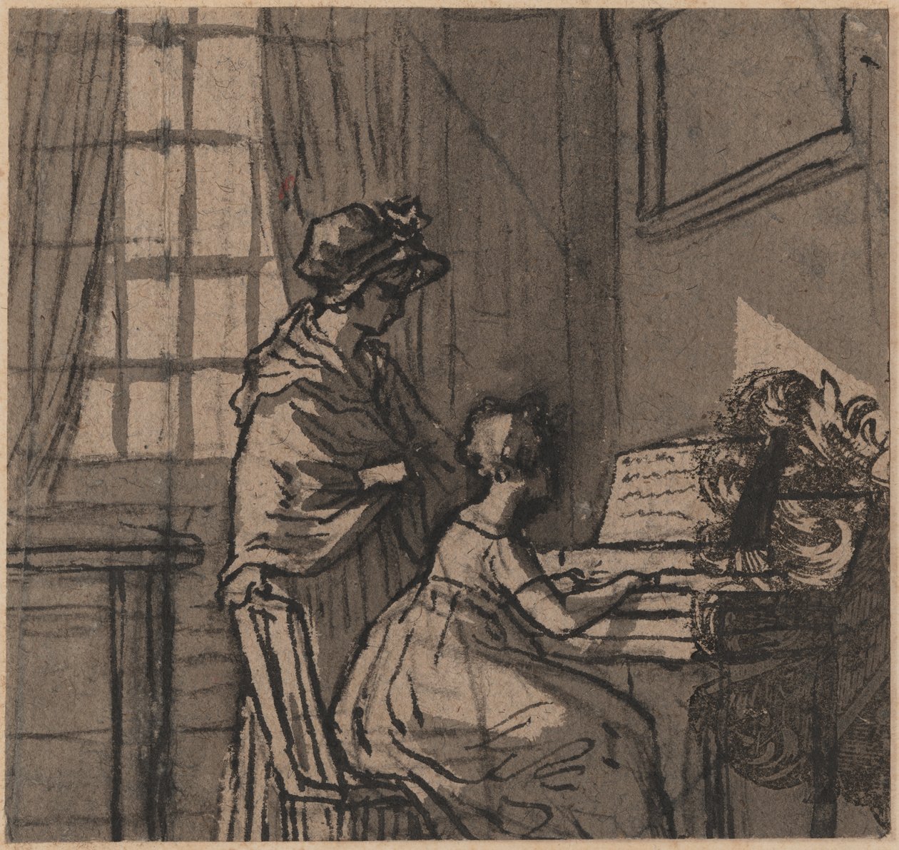 Klavikordaki kız, c.1800 (kalem ve kağıt üzerinde yıkayın) by English School