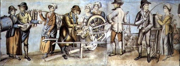 Fuara gidiş, biçak makinesi ve esnaf ve bayan detayı, c.1815 (kağıt üzerine guajlı wc) (ayrıca bkz. 107509 ve 107510) by English School