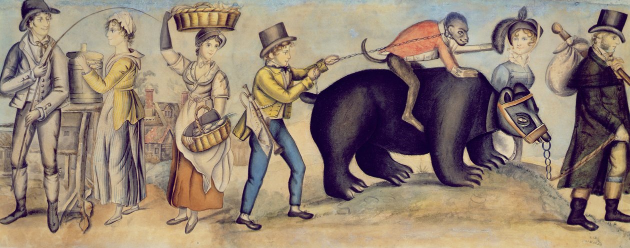 Fuara Gitmek, gösteri yapan bir ayı ve maymun detayı, 1815 dolayları by English School