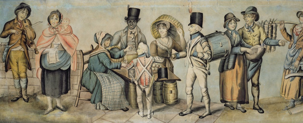 Panayıra gidiş, müzikli aile kanunu ve elma satıcısı detayı, c.1815 (kağıt üzerine wc ve guaj) (ayrıca bkz. 107508 ve 107509) by English School