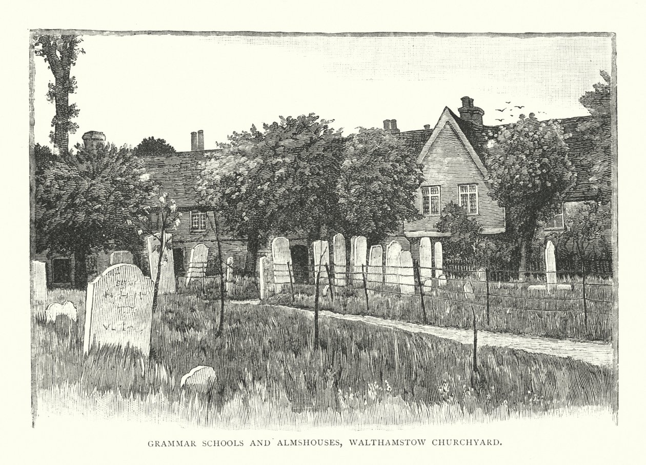 Gramer Okulları ve Almshouses, Walthamstow Kilise Bahçesi (gravür) by English School
