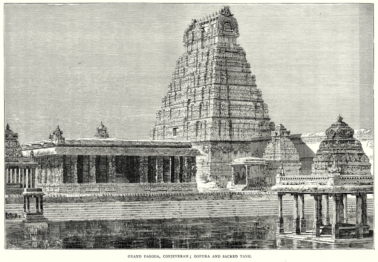 Büyük Pagoda, Conjeveram; Gopura ve Kutsal Tank (gravür) by English School
