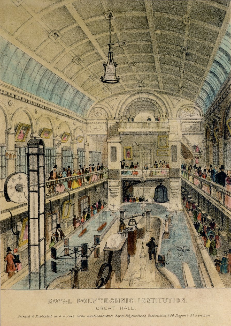 Kraliyet Politeknik Kurumunun Büyük Salonu, Regent Caddesi, GJ Cox tarafından basılmıştır, c.1840 by English School