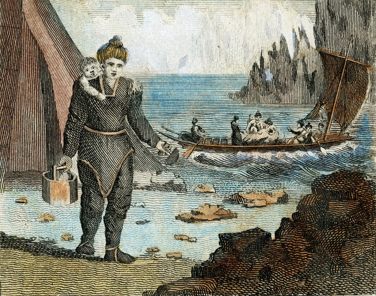 Grönlandlı kadın ve kayık, 1779 civarı (gravür) by English School
