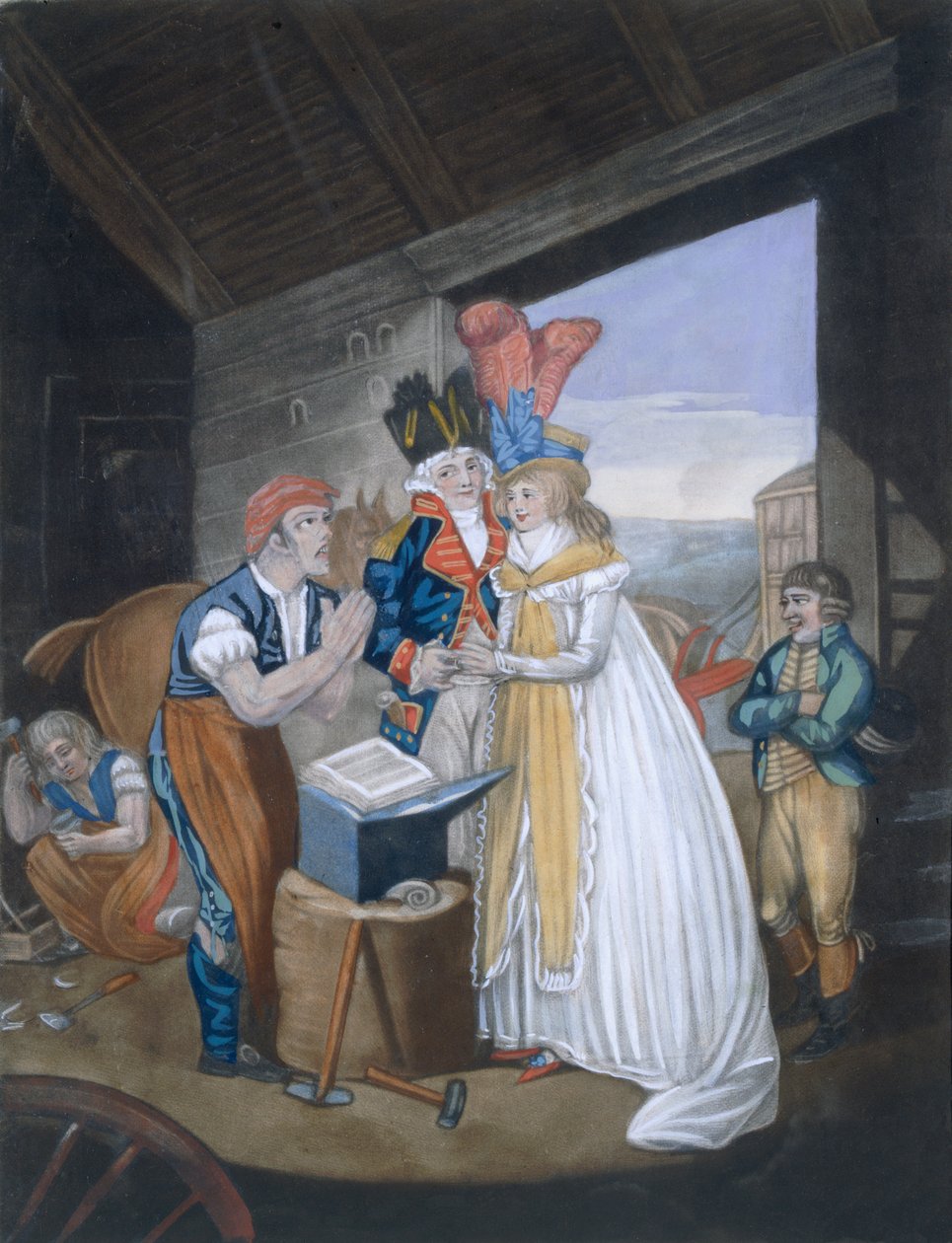 Gretna Green veya Red-Hot Marriage, pub. Aurrie & Whittle tarafından, 1794 88:Oh! Bay Demirci, Acılarımızı hafifletin - ve bizi Wedlocks Chains 99:dişi; geleneksel kostüm; tra by English School