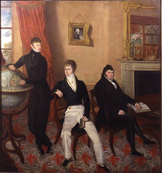 Ayrıntılı Bir Oturma Odasında Üç Adamın Grup Portresi, 1825 dolayları (tuval üzerine yağlı boya) by English School
