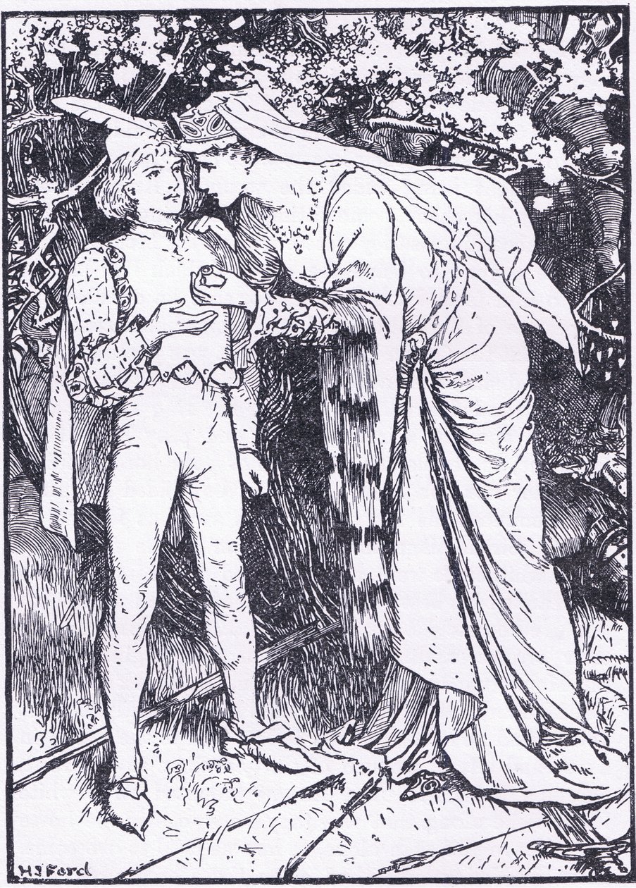 Guenevere, yardım için sayfasını Lancelot'a gönderiyor, Longmans Green and Co tarafından yayınlanan 'The Book of Romance'dan bir örnek by English School