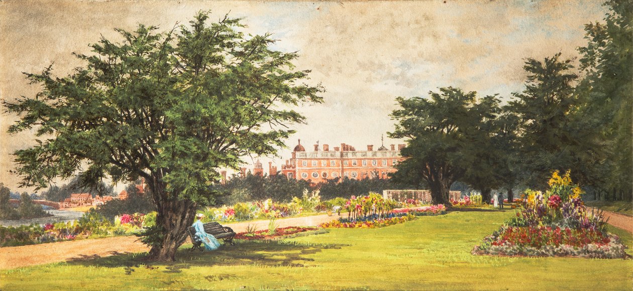 Hampton Court Gardens, 1910 dolayları (kağıt üzerine suluboya) by English School