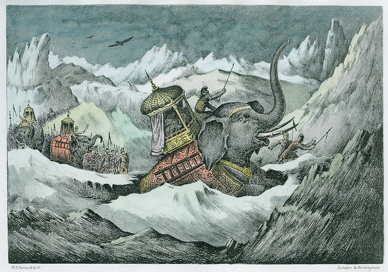 Hannibal (MÖ 247-c.183) ve savaş filleri Alpleri geçerken (daha sonra renklendirme) by English School