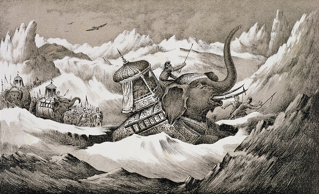 Hannibal (MÖ 247-c.183) ve savaş filleri Alpleri geçerken by English School