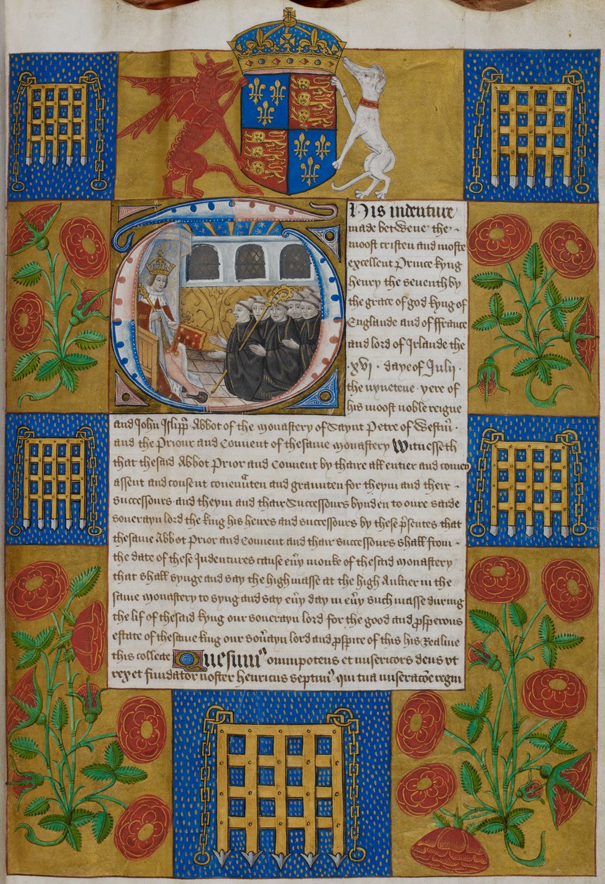 Harley 1498, f.1 Henry VII, sözleşmeyi Westminster Abbey Abbot