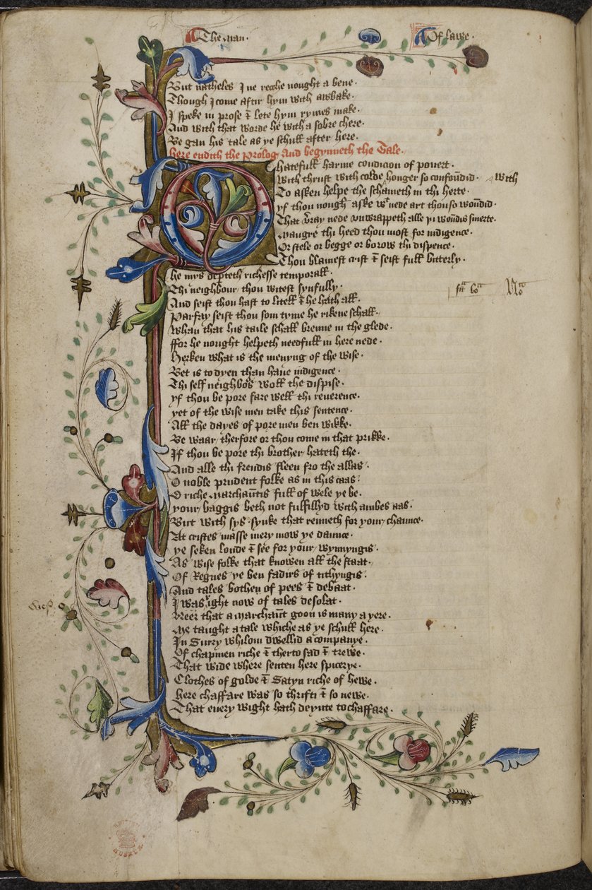 Harley 1758, f.56v Bar kenarlığı ve Geoffrey Chaucer tarafından yazılan Man of Law