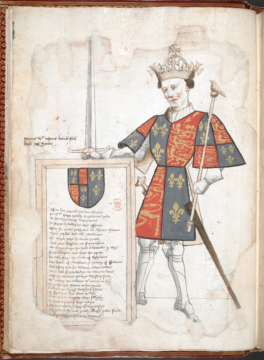 Harley 4205 f.7v Zırhlı ve pelerinli bir İngiliz kralı (V. Henry), 'Sir Thomas Holme's Book of Arms...'dan, c.1445-50 (parşömen) by English School