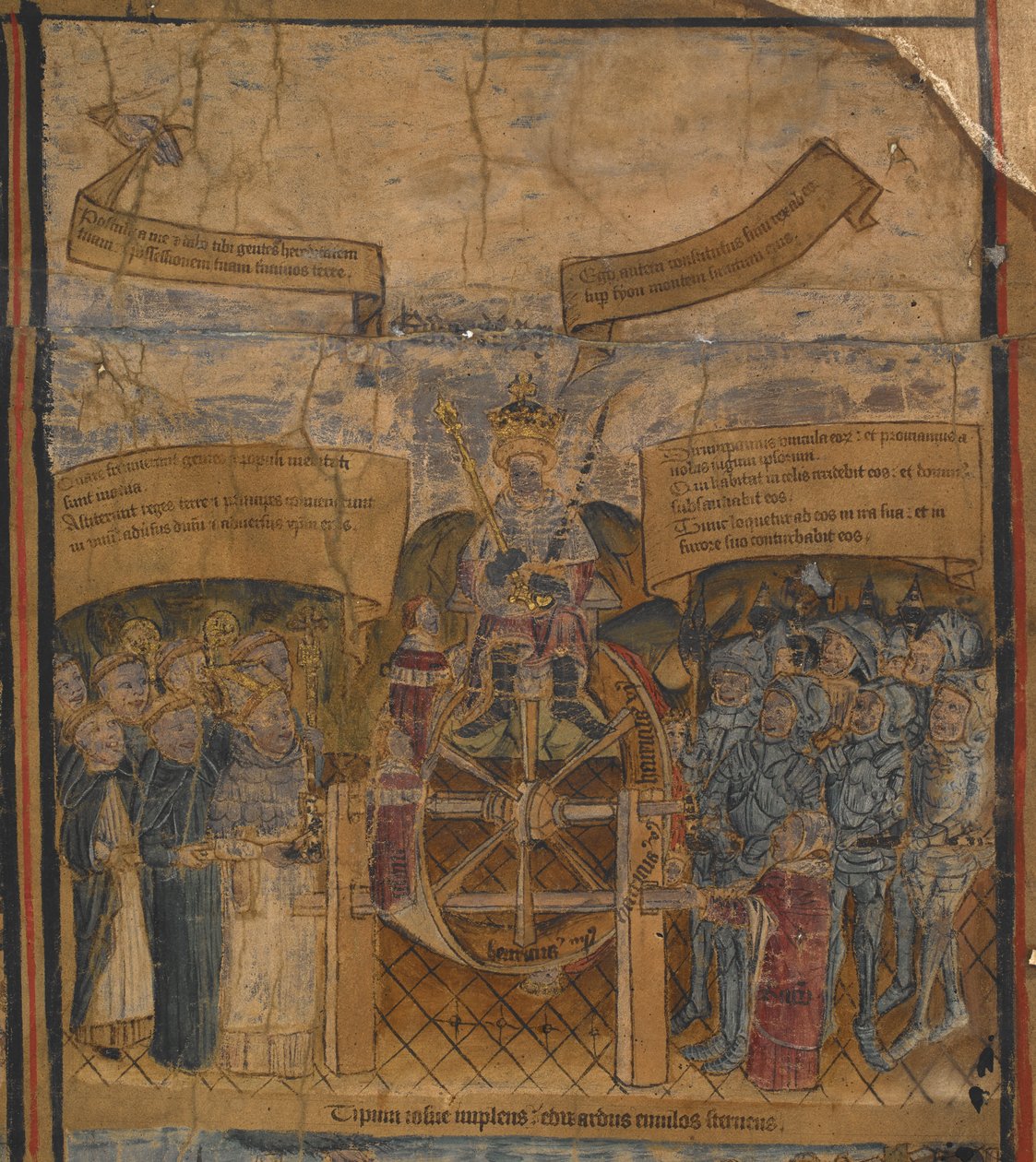 Harley 7353 King Edward IV on Fortune's Wheel, yanında Clarence ve Gloucester Dükleri ve Kilise ve Ordu temsilcileri, 'Edward IV England'ın Tipolojik yaşamı ve Şeceresi', c.1460-70 (parşömen) by English School