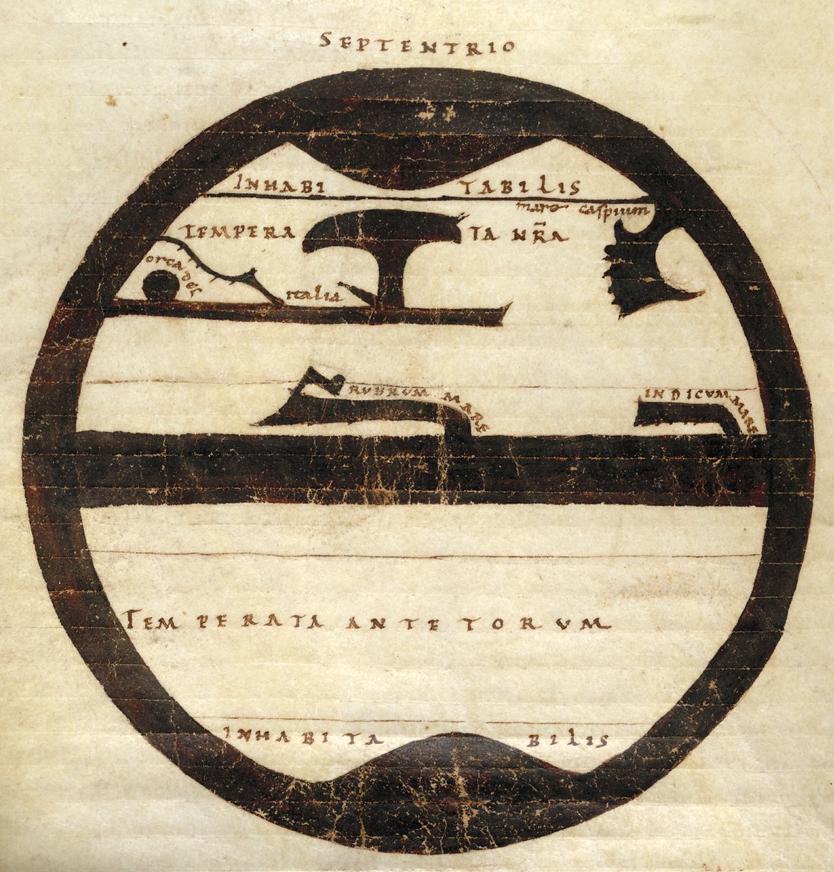 Harley MS 2772 f. 70v, Diyagramatik Bölgesel Dünya Haritası, c.1050 (parşömen üzerine mürekkep ve tempera) by English School