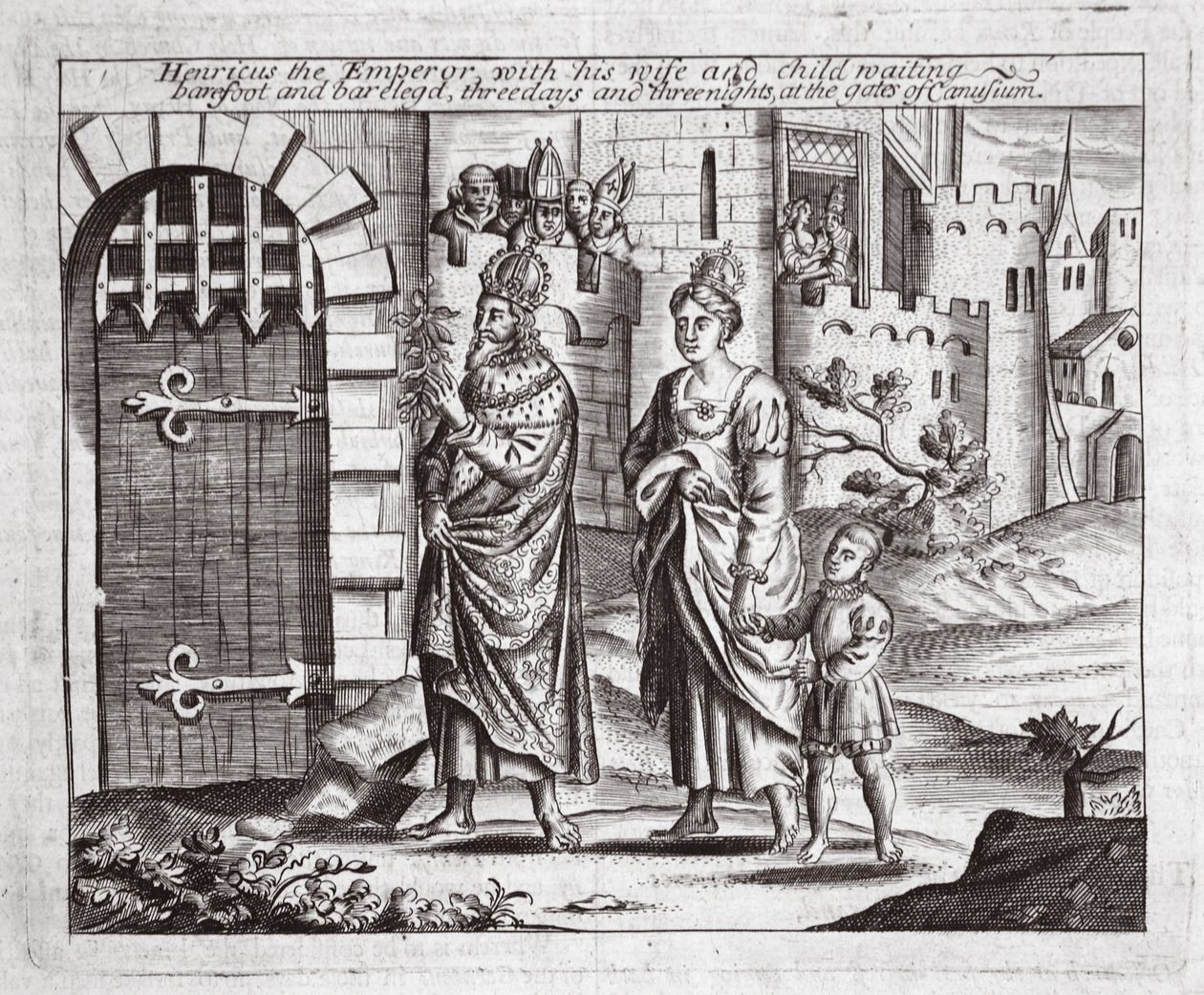 İmparator Henricus, karısı ve çocuğuyla birlikte, yalınayak ve yalınayak, üç gün üç gece Canusuam kapılarında bekliyor, John Foxe