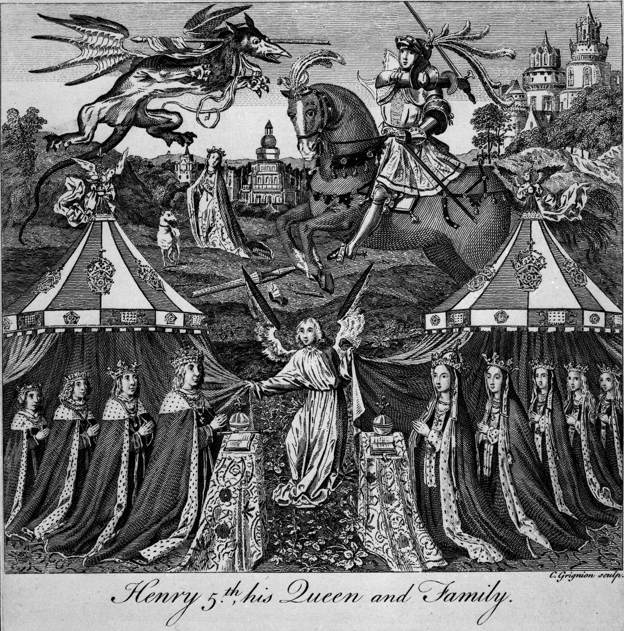 Henry 5, Kraliçesi ve Ailesi, Charles Grignion (1717-1810) tarafından oyulmuş by English School