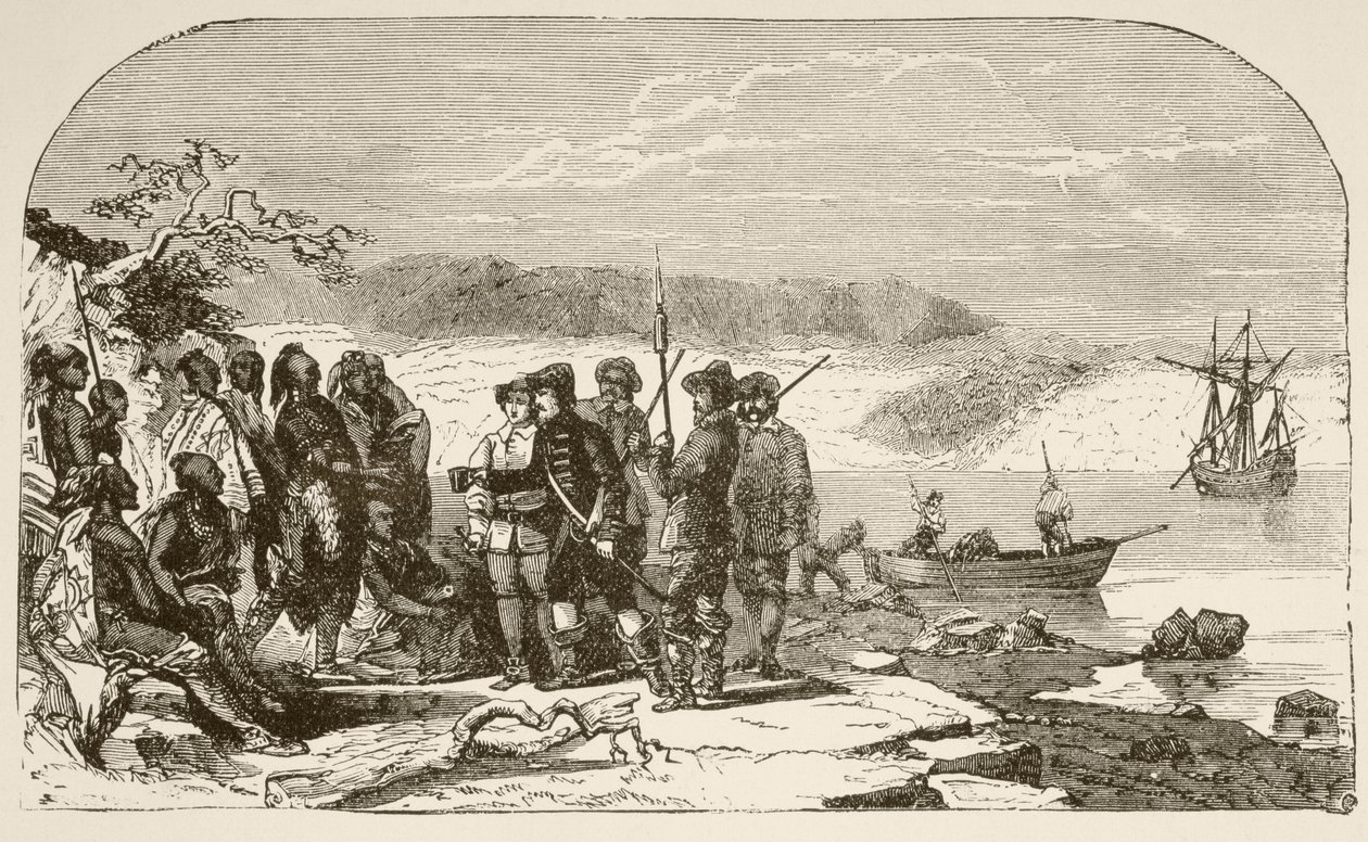 Henry Hudson 1609'da Kızılderililere içki teklif ediyor (litho) by English School