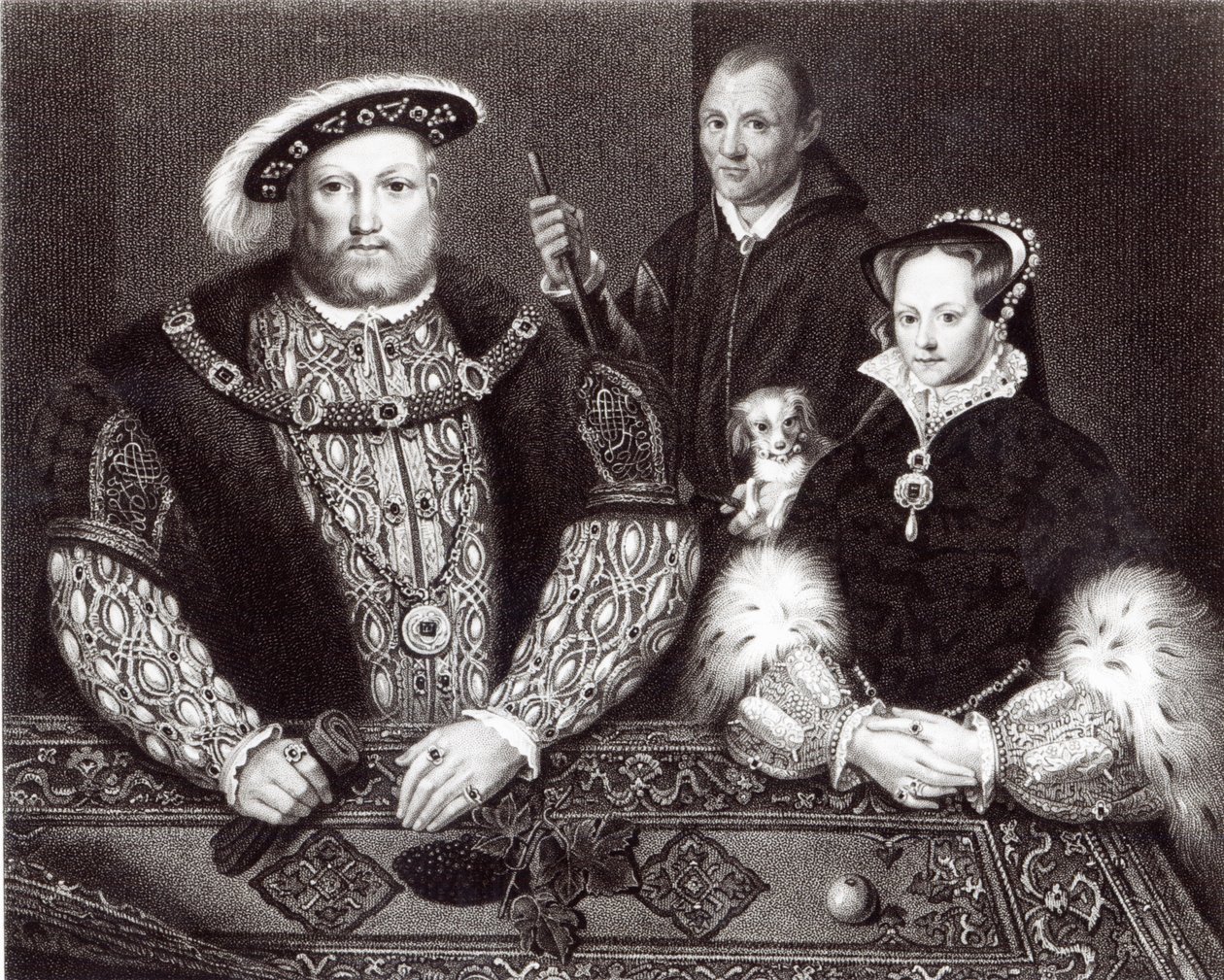 Henry VIII, kızı Kraliçe Mary ve Will Somers, 16. yüzyıldan kalma bir yağlı boyadan sonra, ölümünden sonra boyandı, 1821 by English School
