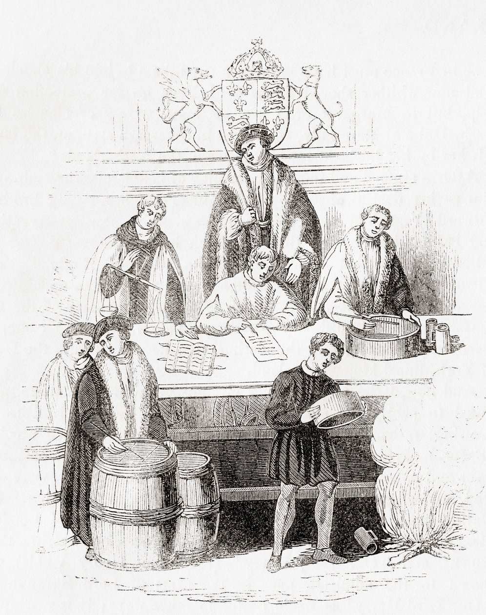 Henry VII'nin 1497'de hazinede ağırlık ve ölçü denemesi, Old England: A Pictorial Museum, pub. 1847 by English School