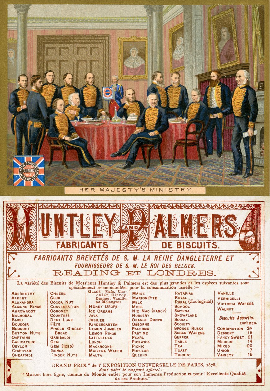 Majestelerinin Bakanlığı, Fransız pazarı için üretilmiş Huntley & Palmers Biscuits için bir promosyon kartının ön ve arka yüzü, c.1890 by English School