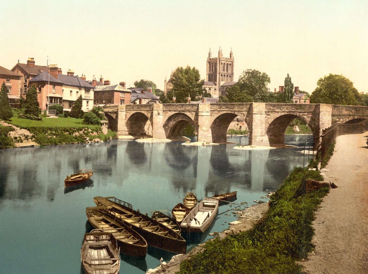 Hereford Katedrali ve Wyl Köprüsü (el renginde fotoğraf) by English School