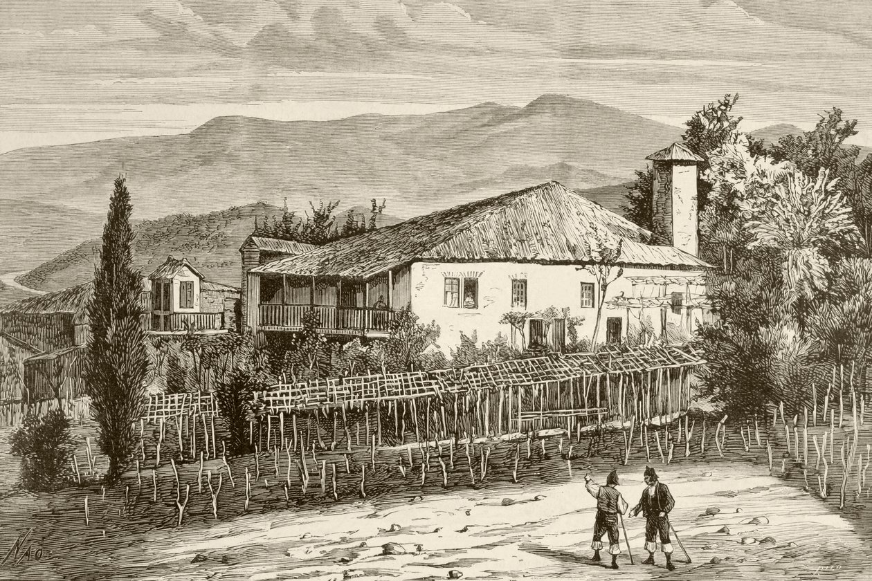 Casdemiro'daki ev, Galiçya, İspanya (litho) by English School