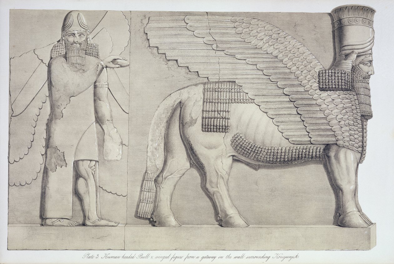 Koujunjik'i çevreleyen duvardaki bir geçitten insan başlı Boğa ve kanatlı figür, Austen Henry Layard (1817-94) tarafından yayınlanan Nineveh ve Kalıntıları'ndan 3. levha, 1849 by English School