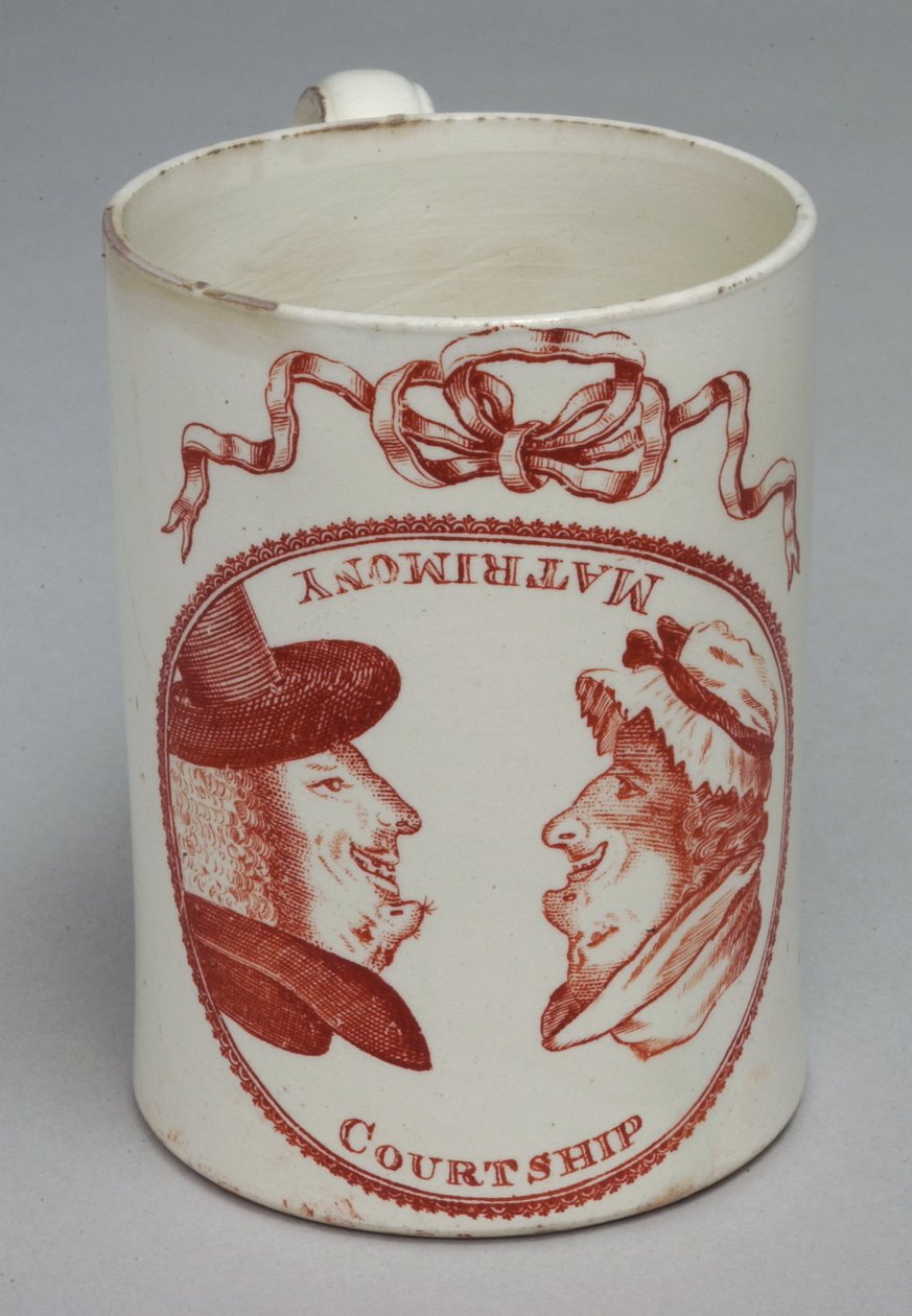 Bir erkek ve kadının ters çevrilebilir kafalarıyla süslenmiş mizahi kupa, c.1780 (krema) by English School
