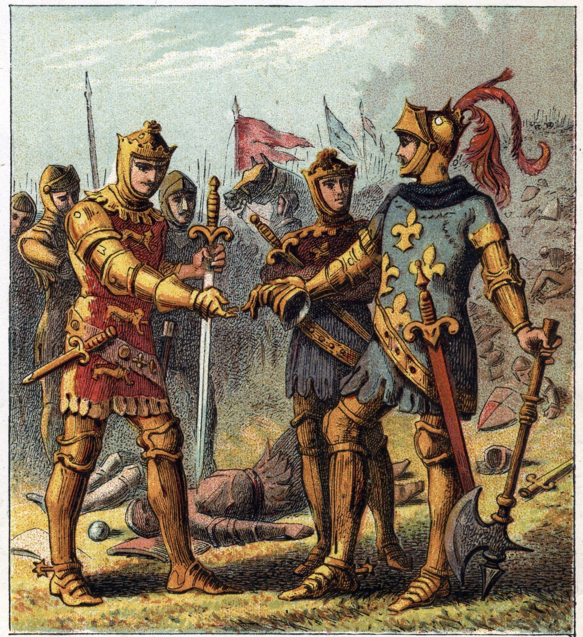 Yüz Yıl Savaşı: Poitiers Savaşı (1356). Fransa Kralı İyi John II (1319-1364) yenilgisini kabul etti ve İngiltere