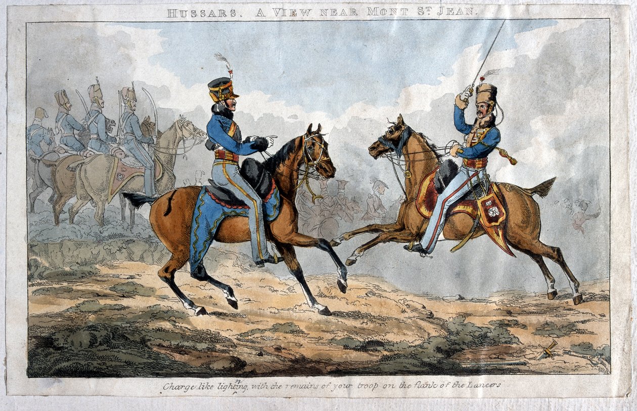 Hussars, Mont St Jean yakınlarında bir görünüm (renkli aquatint) by English School