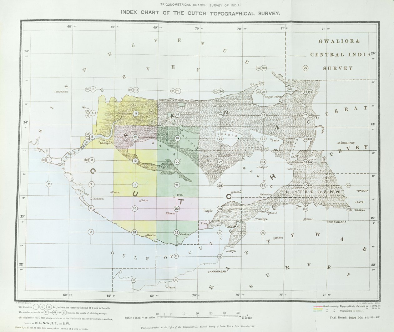 Trigonometrik Şube tarafından Cutch Topografik Araştırmanın Endeks Tablosu, Hindistan Araştırması, Dehra Dun, Kasım, 1881 by English School
