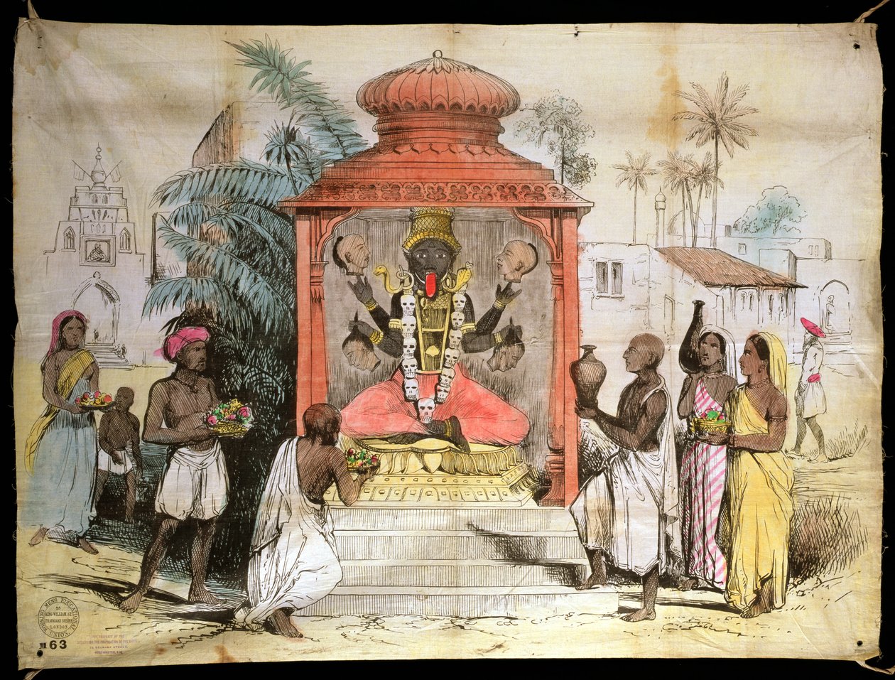 Hindistan, Kali figürü ve ibadeti, c.1850 (kumaş üzerinde mürekkep ve yıkamalar) by English School