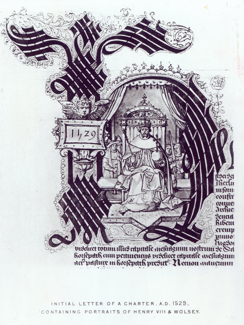 Henry VIII ve Wolsey portrelerini içeren bir Tüzüğün İlk Mektubu, 1529 by English School