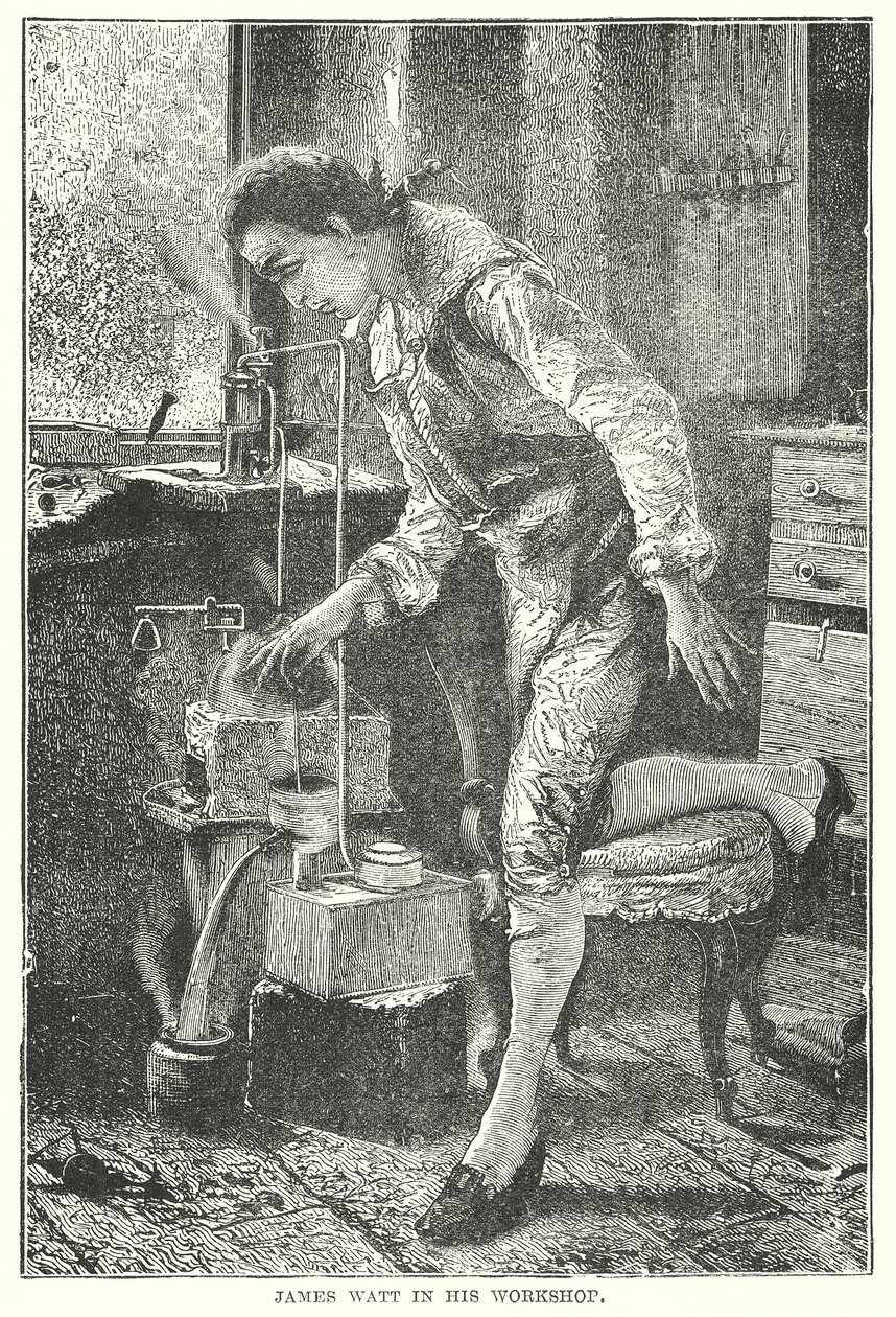 James Watt Atölyesinde (gravür) by English School
