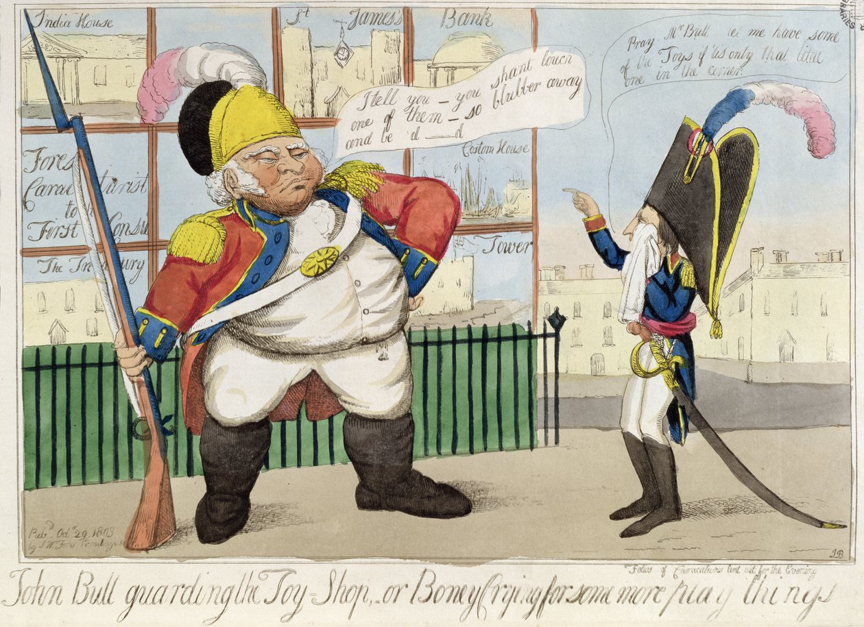 John Bull Oyuncak Dükkanını Koruyor veya Boney Daha Fazla Oyun Şeyi İçin Ağlıyor, pub. tarafından S.W. Fores, 1803 (renkli dağlama) by English School